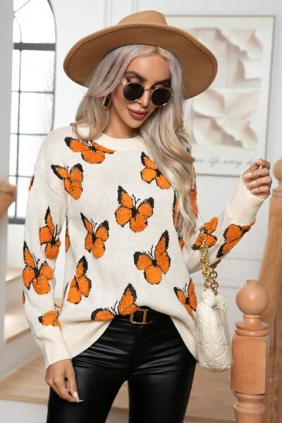 TastyHottie - Butterfly Round Neck Long Sleeve Butterfly Sweater