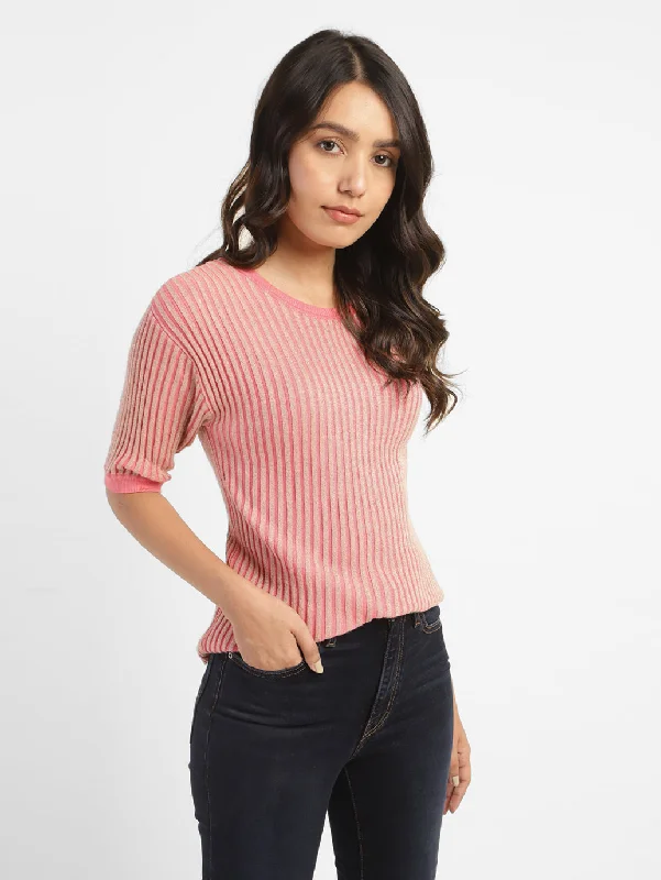 Women's Striped Round Neck Top Coral