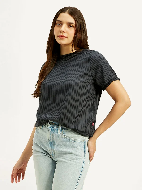 Women's Striped Charcoal Grey Collar Neck Top