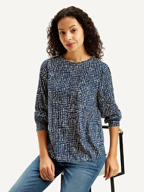 Women's All Over Print Navy Round Neck Top