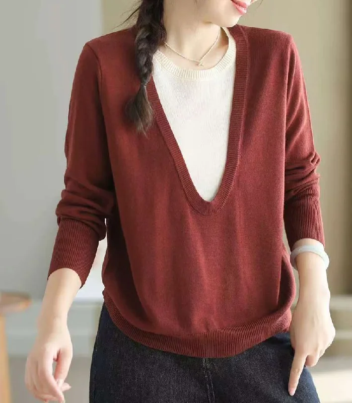 Women Casual Minimalist U-Neck Fake Two-Piece Pullover