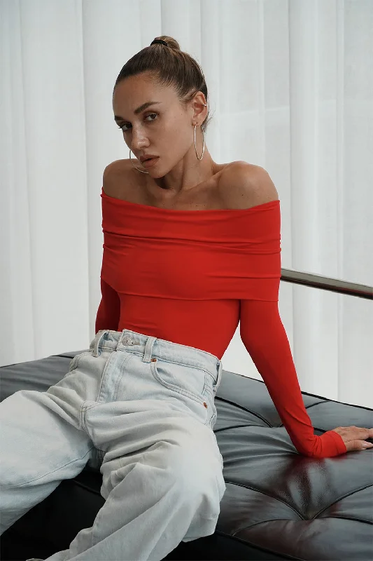 Red Off Shoulder Polyamide Bodysuit