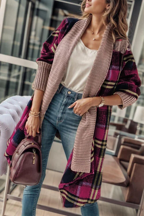 TastyHottie - Plaid Open Front Long Sleeve Long Cardigan