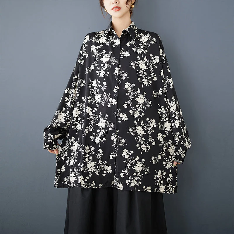 Women Spring Retro Loose-Fit Printed Floral Black Cotton Blouse