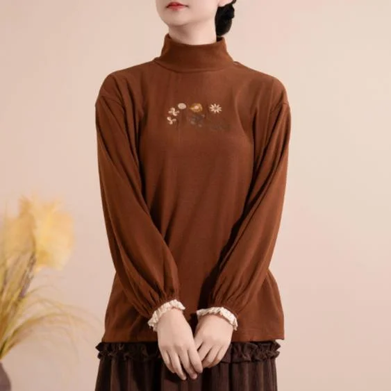 Women Winter Vintage Embroidered Long Sleeves Turtleneck Cotton Shirt