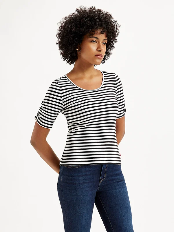 Women's Striped Black Round Neck Top