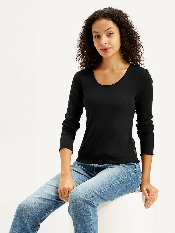 Women's Solid Black Round Neck Top