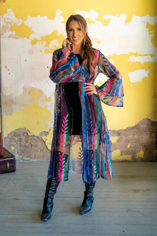 PRINTED SERAPE LACE LONG SLEEVE DOUBLE RUFFLE DUSTER