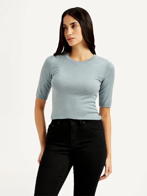 Women's Solid Greyish-Blue Crew Neck Top