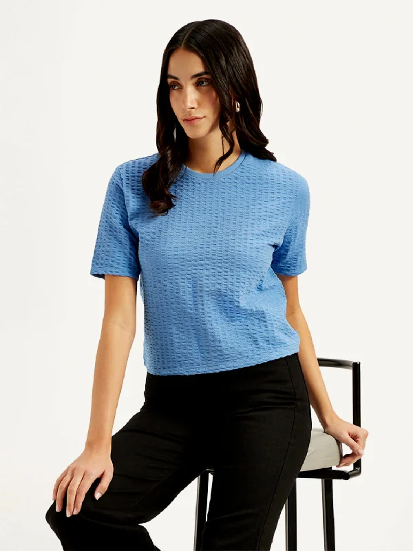 Women's Textured Blue Crew Neck Top