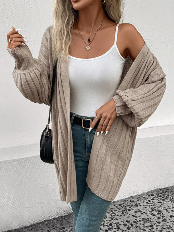 Women's Wide Ribbed Open Front Mid Length Cardigan With Cuffed Sleeves