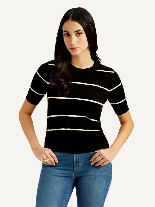 Women's Striped Black Crew Neck Top