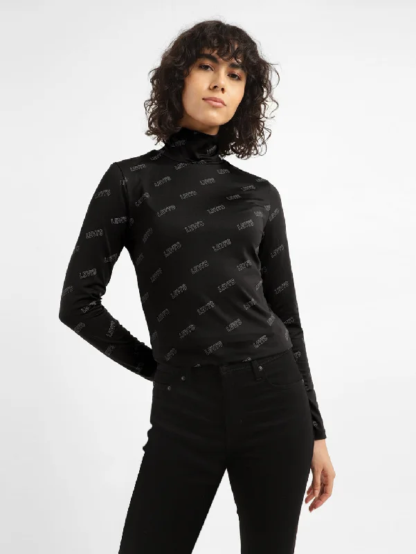 Women's Printed Black Crew Neck Top