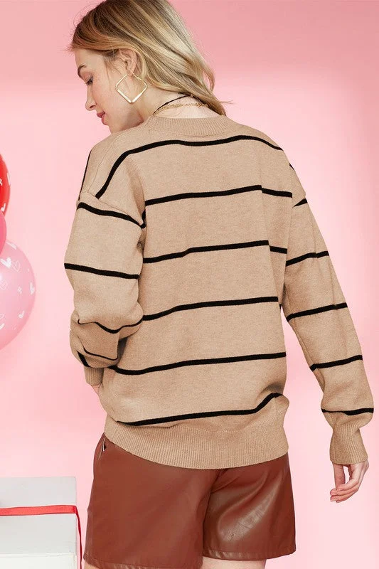 COCO Beige Brown Stripe Drop Shoulder Pull Over