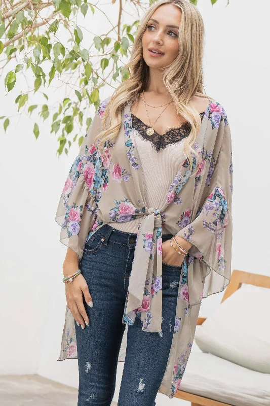 Floral Print Kimono Cardigan (Grey)