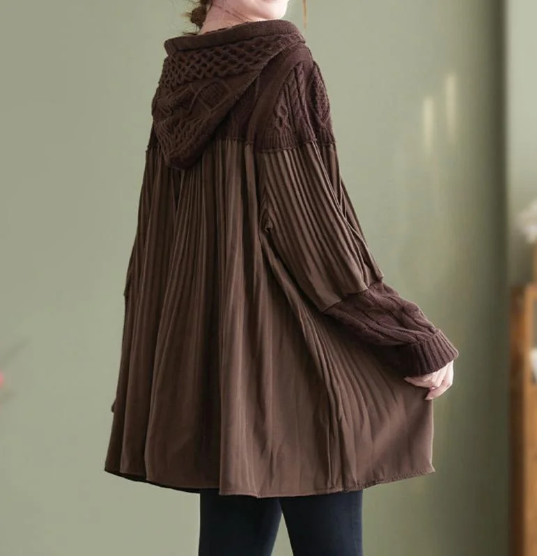 Women Plus Size Loose Knit Spliced Pleated Hooded Sweatshirt