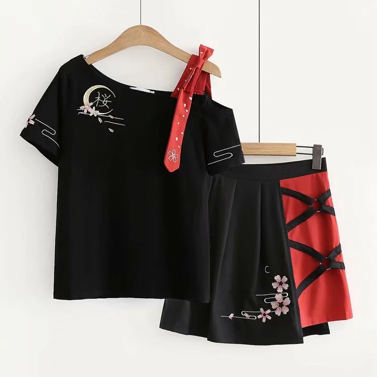 Cherry Blossom Embroidery T-Shirt + Skirt Two-Piece AD11257