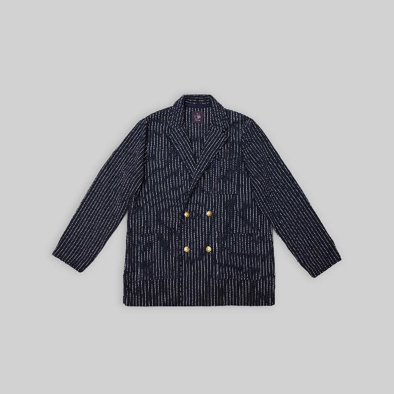 Handwoven Pinstripe Double-Breasted Jacket with Metallic Buttons