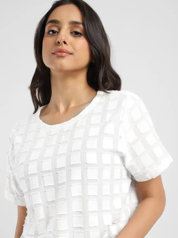 Women's Checked White Round Neck Top