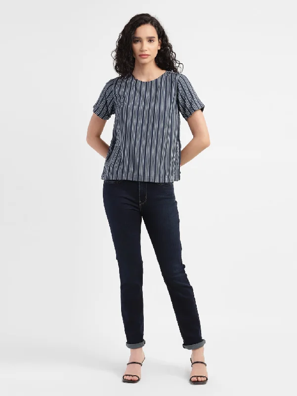 Women's Striped Navy Round Neck Tops