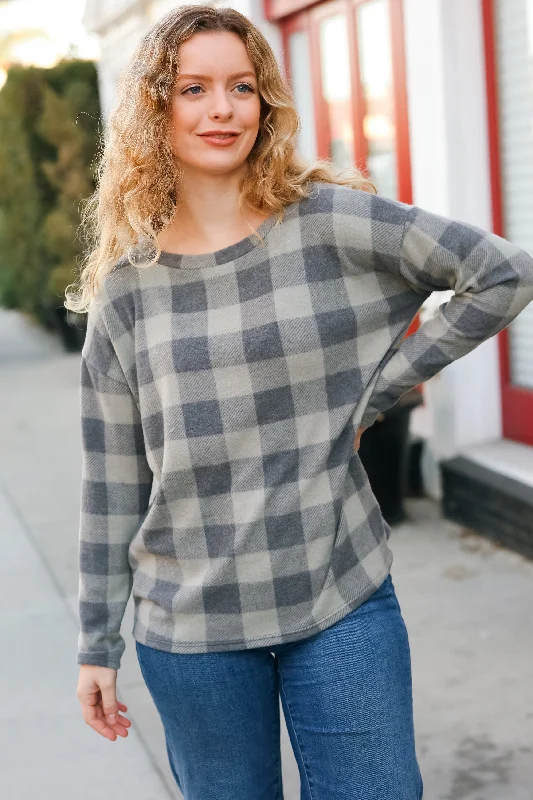 Check It Out Olive Grey Checker Plaid Hacci Pullover Sweater