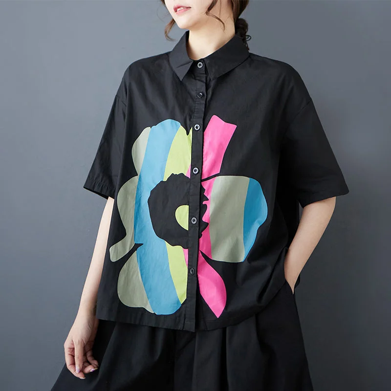 Women Spring Floral Print Colorblock Cotton Short Sleeve Shirt