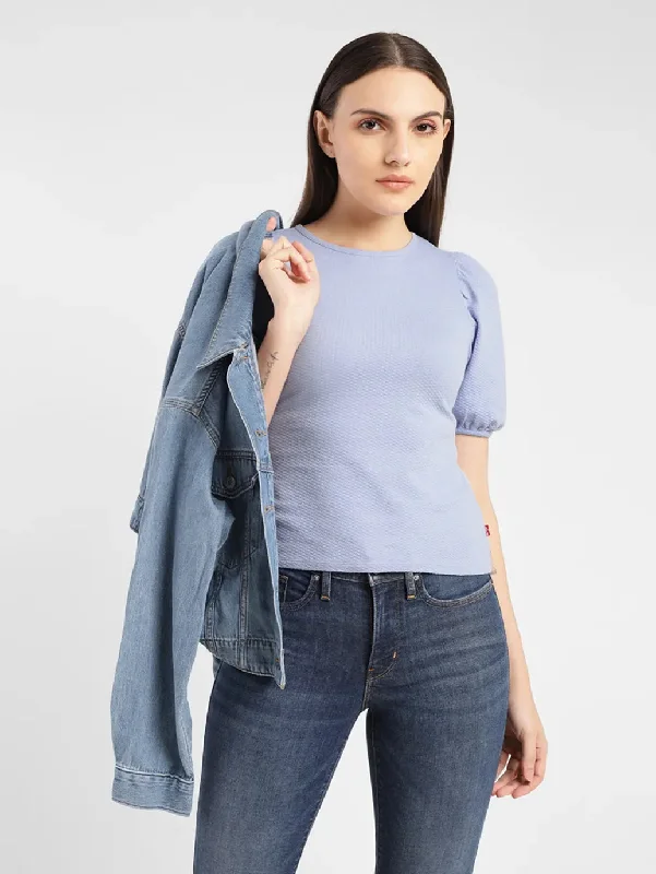 Women's Textured Blue Round Neck Top