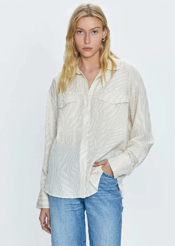 Nellie Oversized Button-Down Shirt - Tan & White Pinstripe