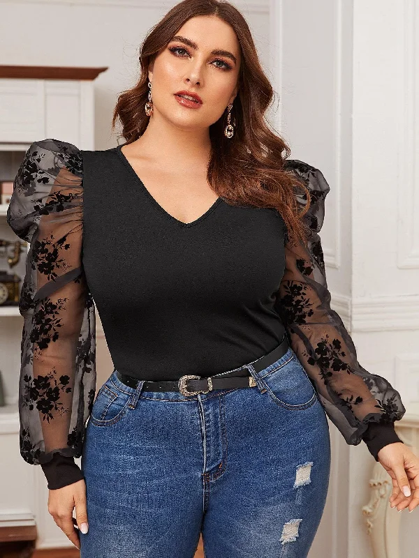 Flocked Mesh Gigot Sleeve Form Fitted Top