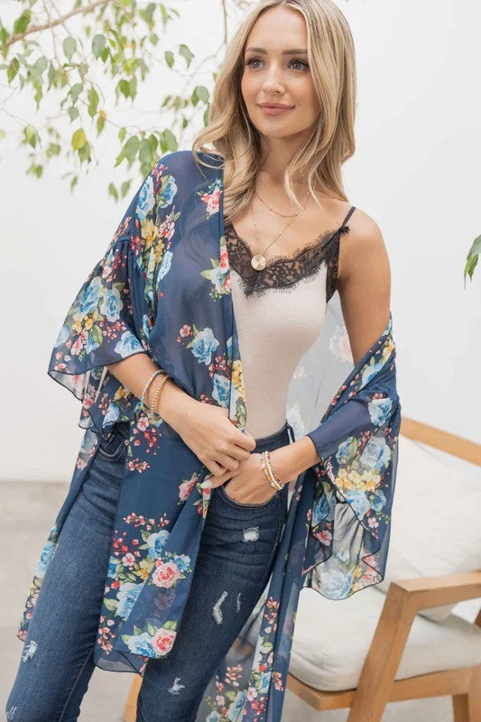 Floral Print Kimono Cardigan (Navy)