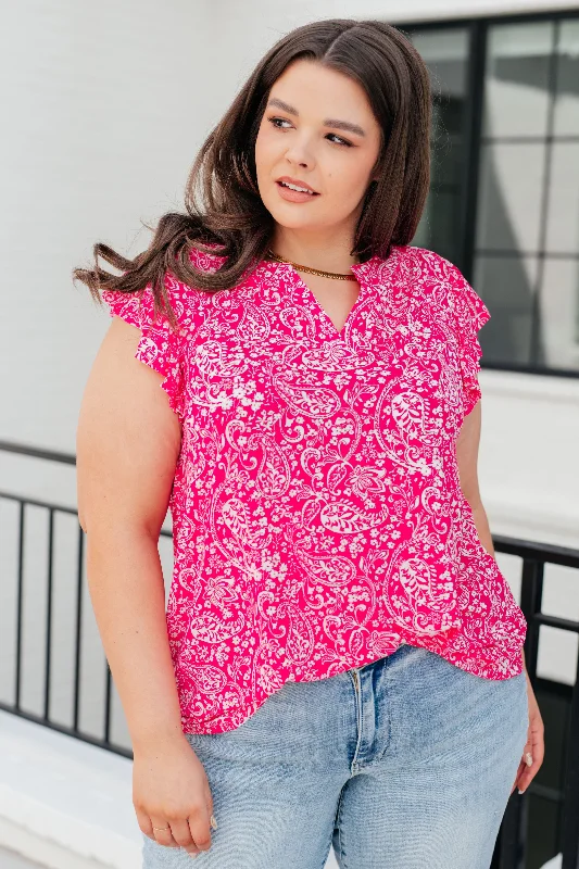 Lizzy Flutter Sleeve Top in Hot Pink and White Floral