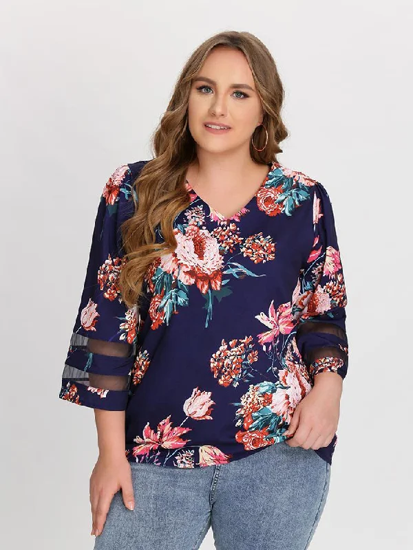 Floral Mesh Sleeve Blouse