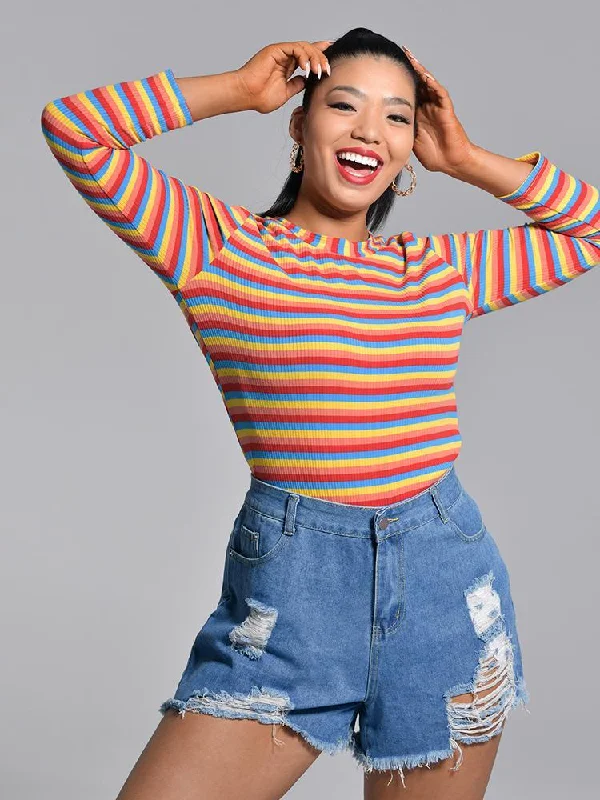 Rainbow Stripe Round-neck Top