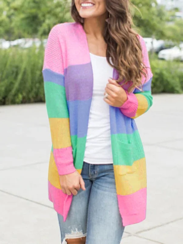 Women's Open Front Longline Cardigan With Contrast Rainbow Pattern