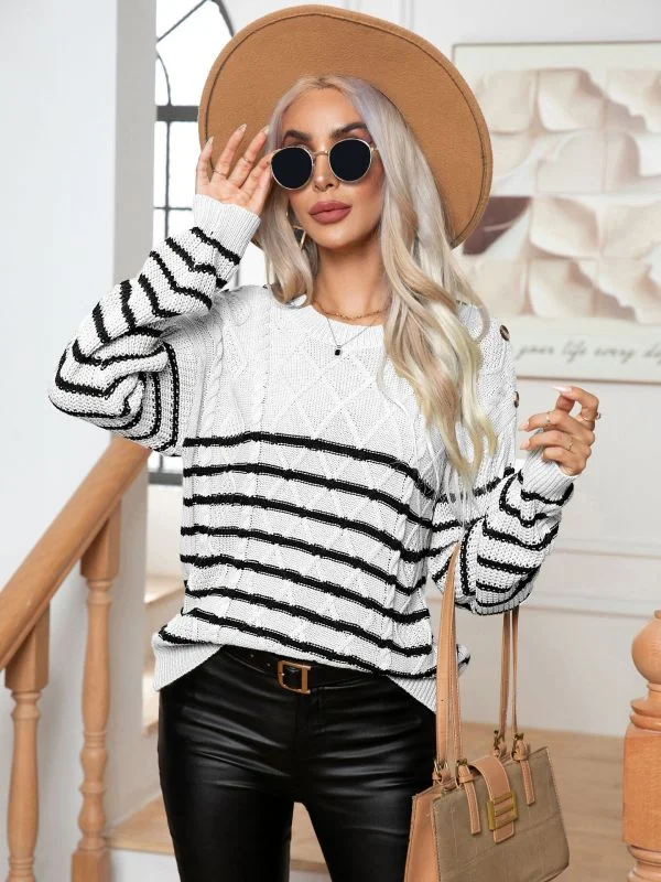 BerryBetty - Women's Casual Button Striped Long Sleeve Pullover Sweater