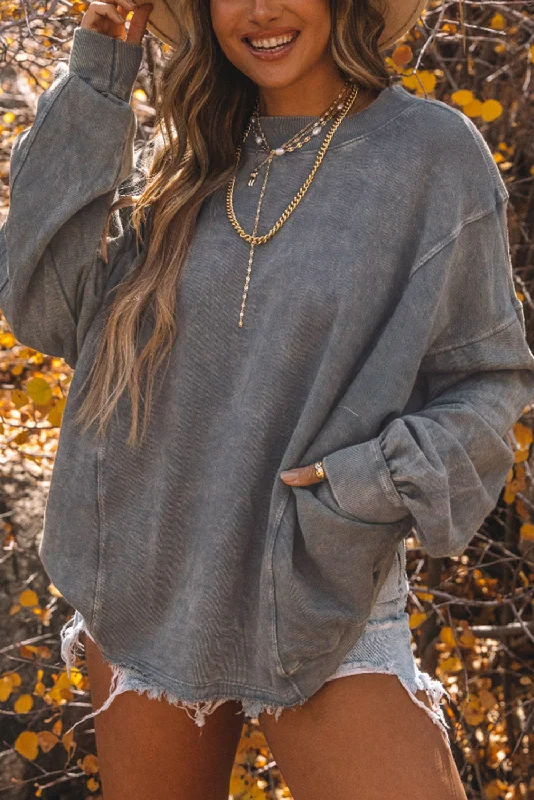 BerryBetty - Gray Exposed Seam Twist Open Back Oversized Sweatshirt