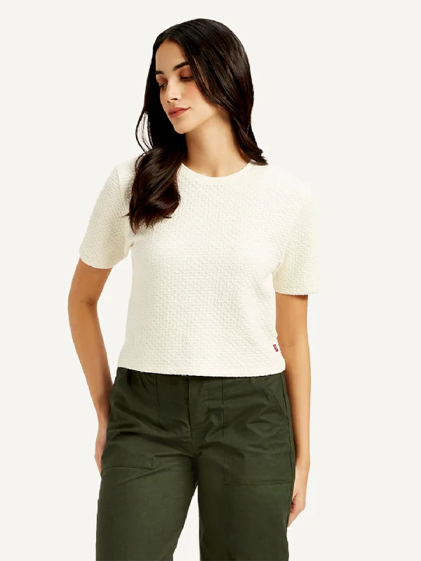 Women's Textured Off-White Crew Neck Top