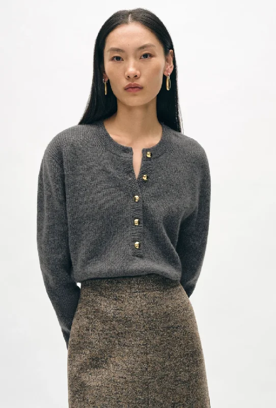 CASHMERE GOLD BUTTON CARDIGAN IN GRAPHITE HEATHER