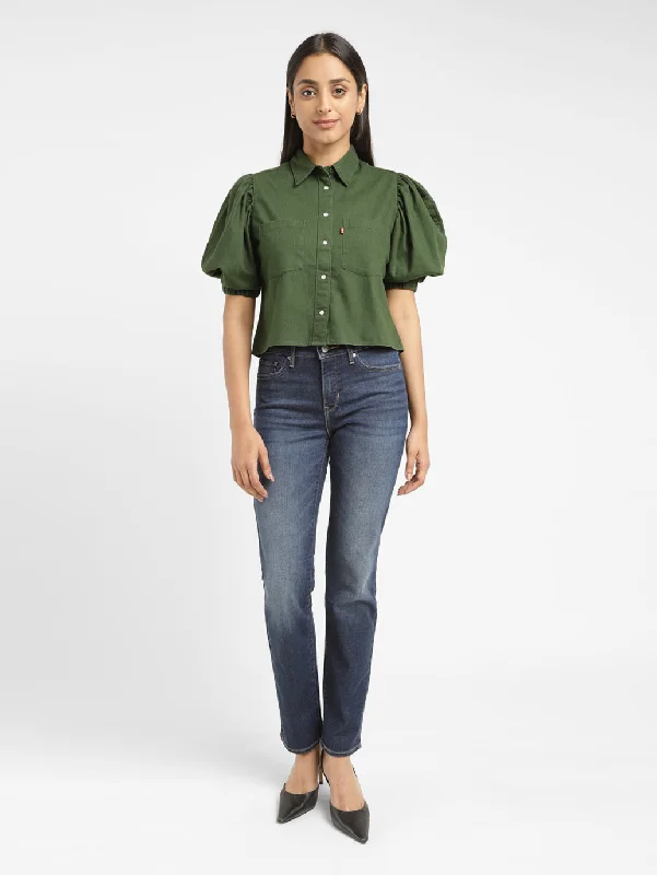 Women's Solid Dark Green Spread Collar Top