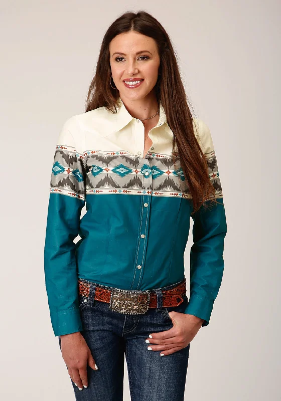 Roper Womens Sawtooth Border Blue 100% Cotton L/S Shirt