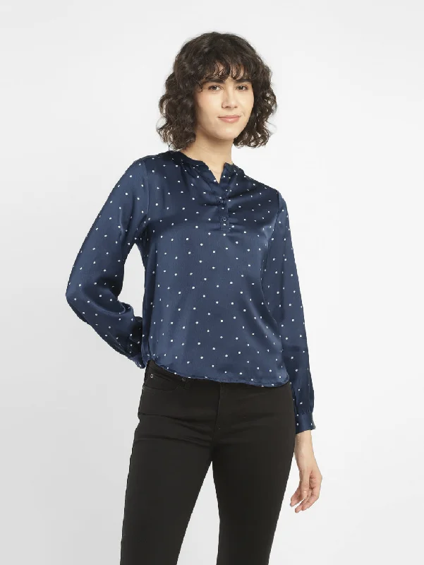 Women's Printed Navy Split Neck Top