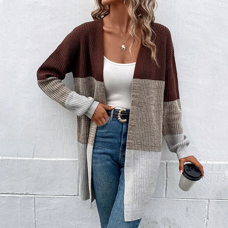 Women's Long Sleeve Colour Block Open Front Cardigan