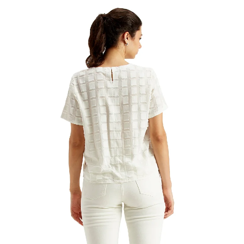 Women's Textured White Round Neck Top