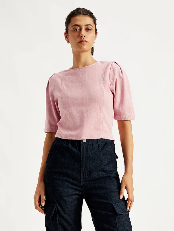 Women's Solid Light-Pink Round Neck Top